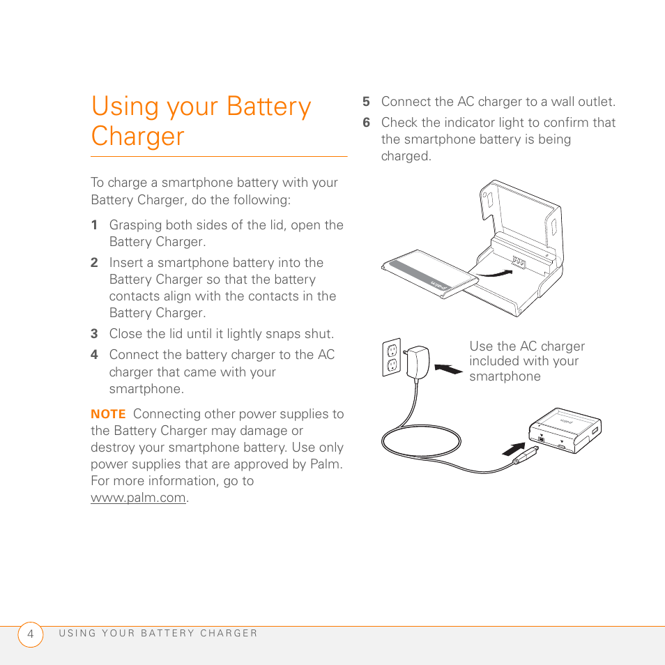 Using your battery charger | Palm 3404WW User Manual | Page 4 / 8