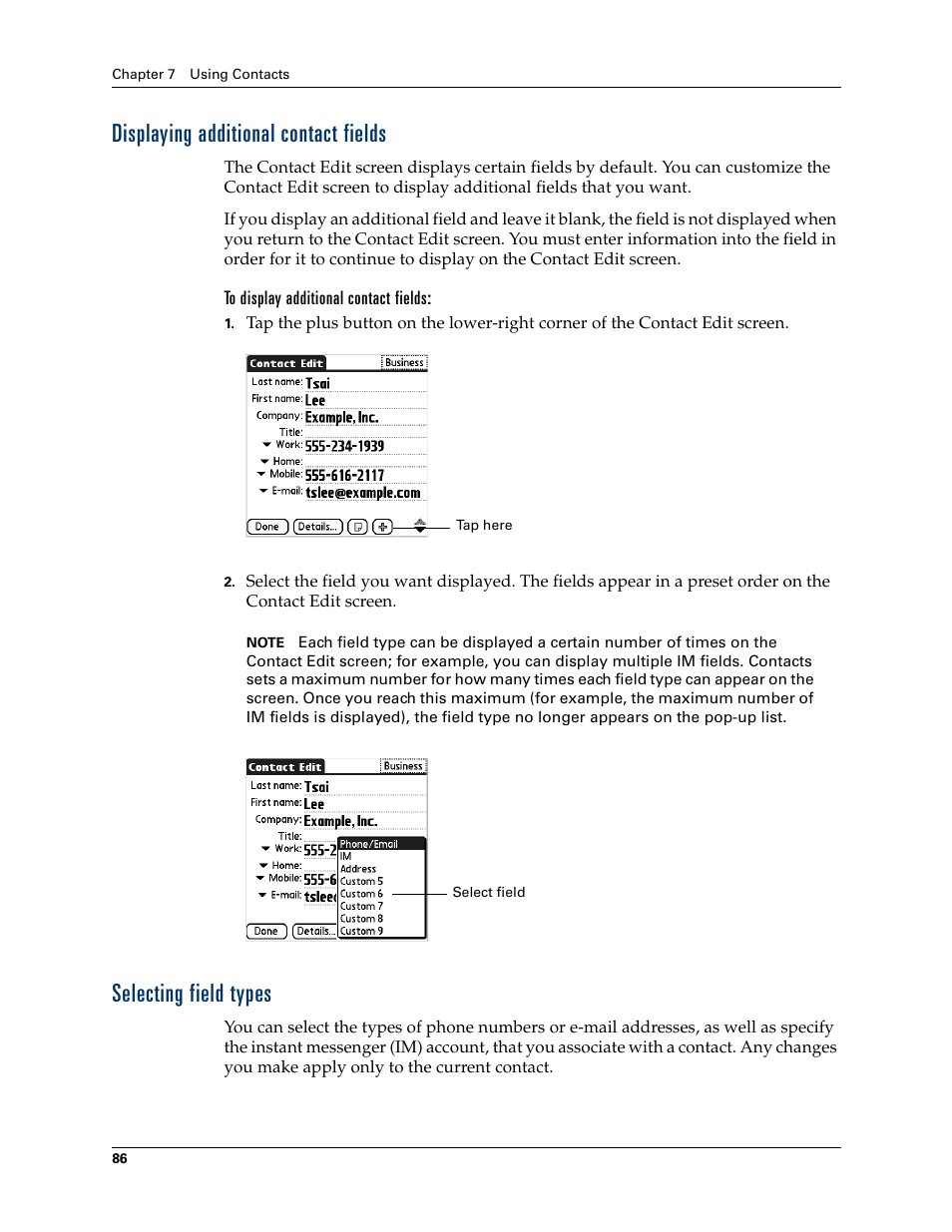 Displaying additional contact fields, To display additional contact fields, Selecting field types | Palm T3 User Manual | Page 100 / 408