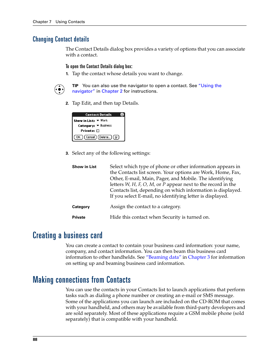 Changing contact details, To open the contact details dialog box, Creating a business card | Making connections from contacts, Later i | Palm T3 User Manual | Page 102 / 408