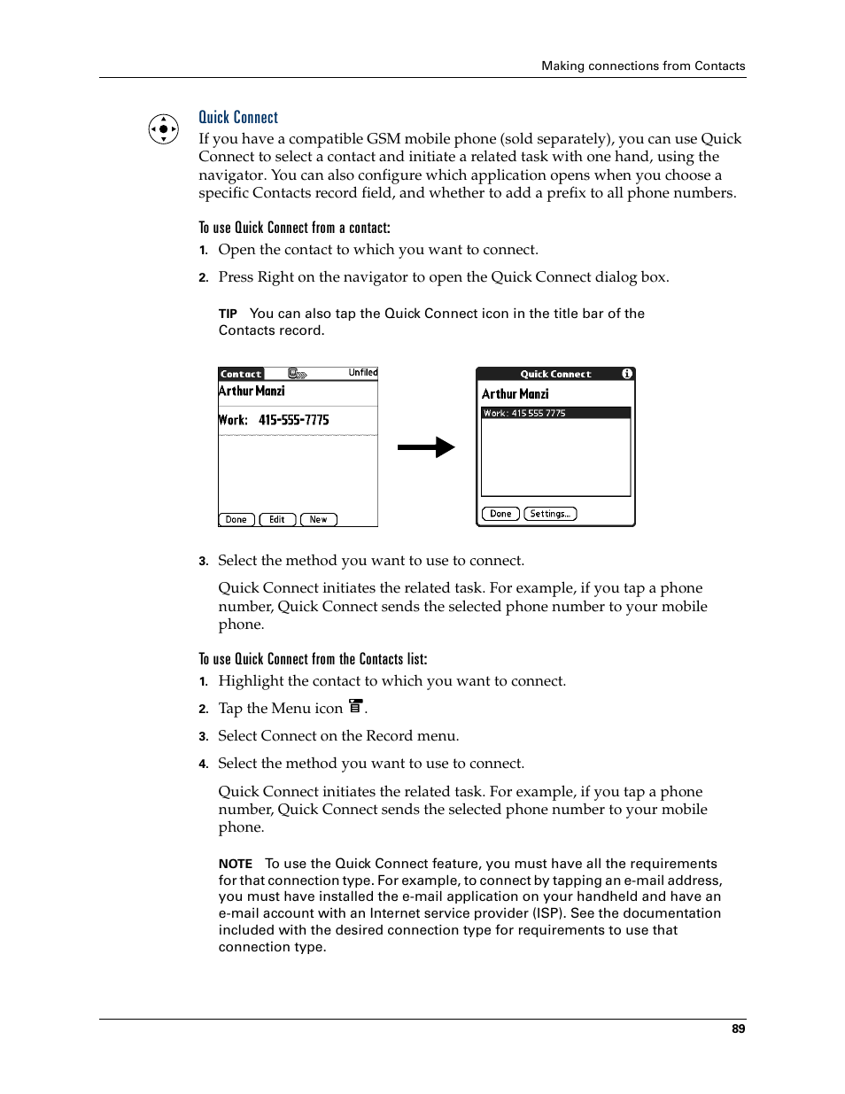 Quick connect, To use quick connect from a contact, To use quick connect from the contacts list | Palm T3 User Manual | Page 103 / 408