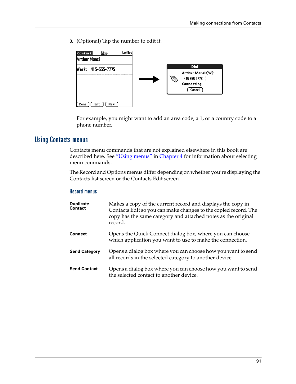 Using contacts menus, Record menus | Palm T3 User Manual | Page 105 / 408