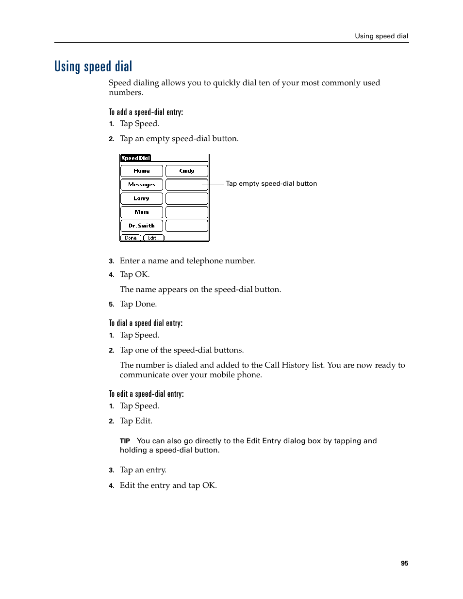 Using speed dial, To add a speed-dial entry, To dial a speed dial entry | To edit a speed-dial entry | Palm T3 User Manual | Page 109 / 408