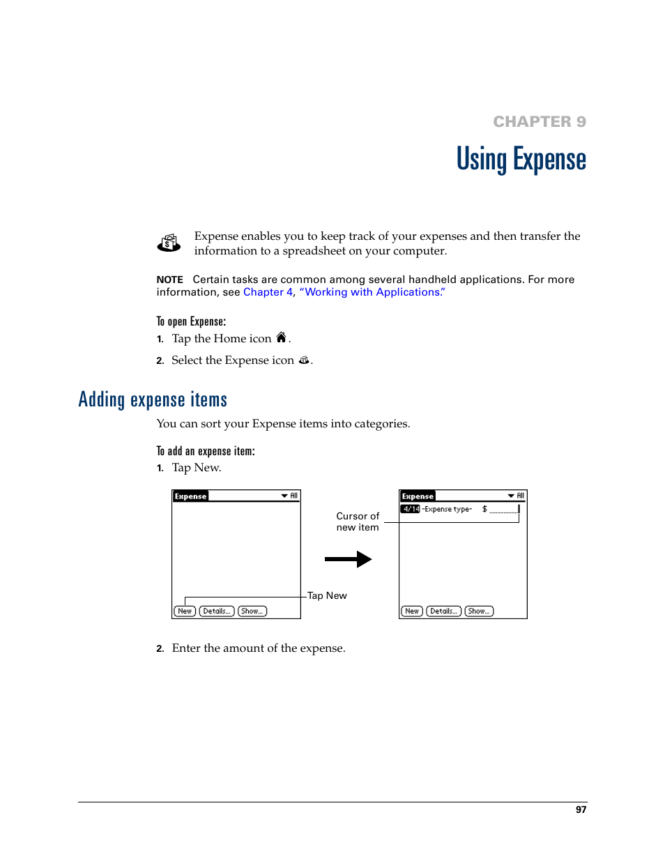 Using expense, To open expense, Adding expense items | To add an expense item, Chapter 9: using expense | Palm T3 User Manual | Page 111 / 408