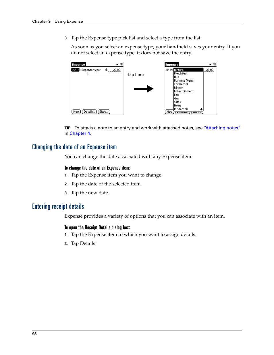 Changing the date of an expense item, To change the date of an expense item, Entering receipt details | To open the receipt details dialog box | Palm T3 User Manual | Page 112 / 408