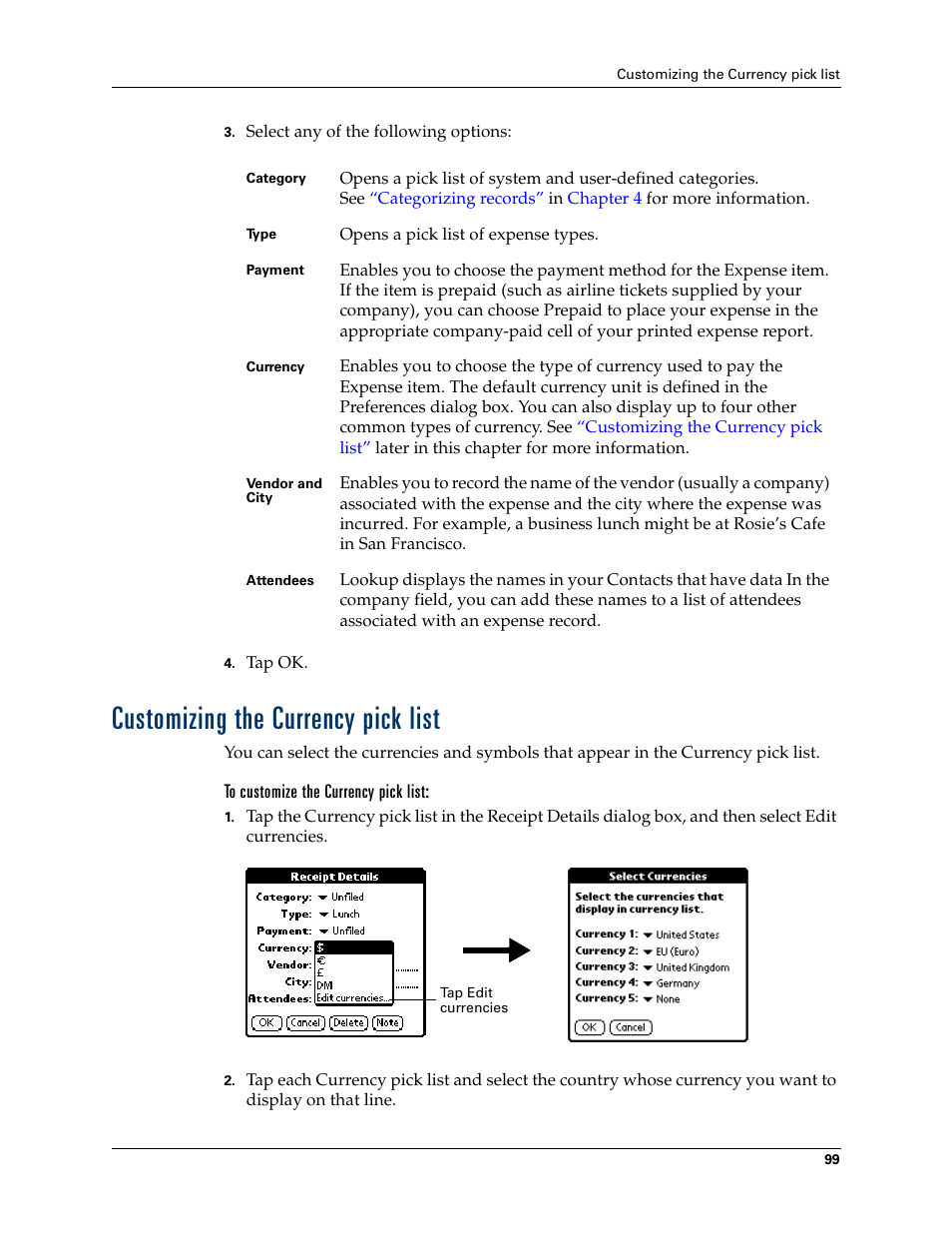 Customizing the currency pick list, To customize the currency pick list | Palm T3 User Manual | Page 113 / 408