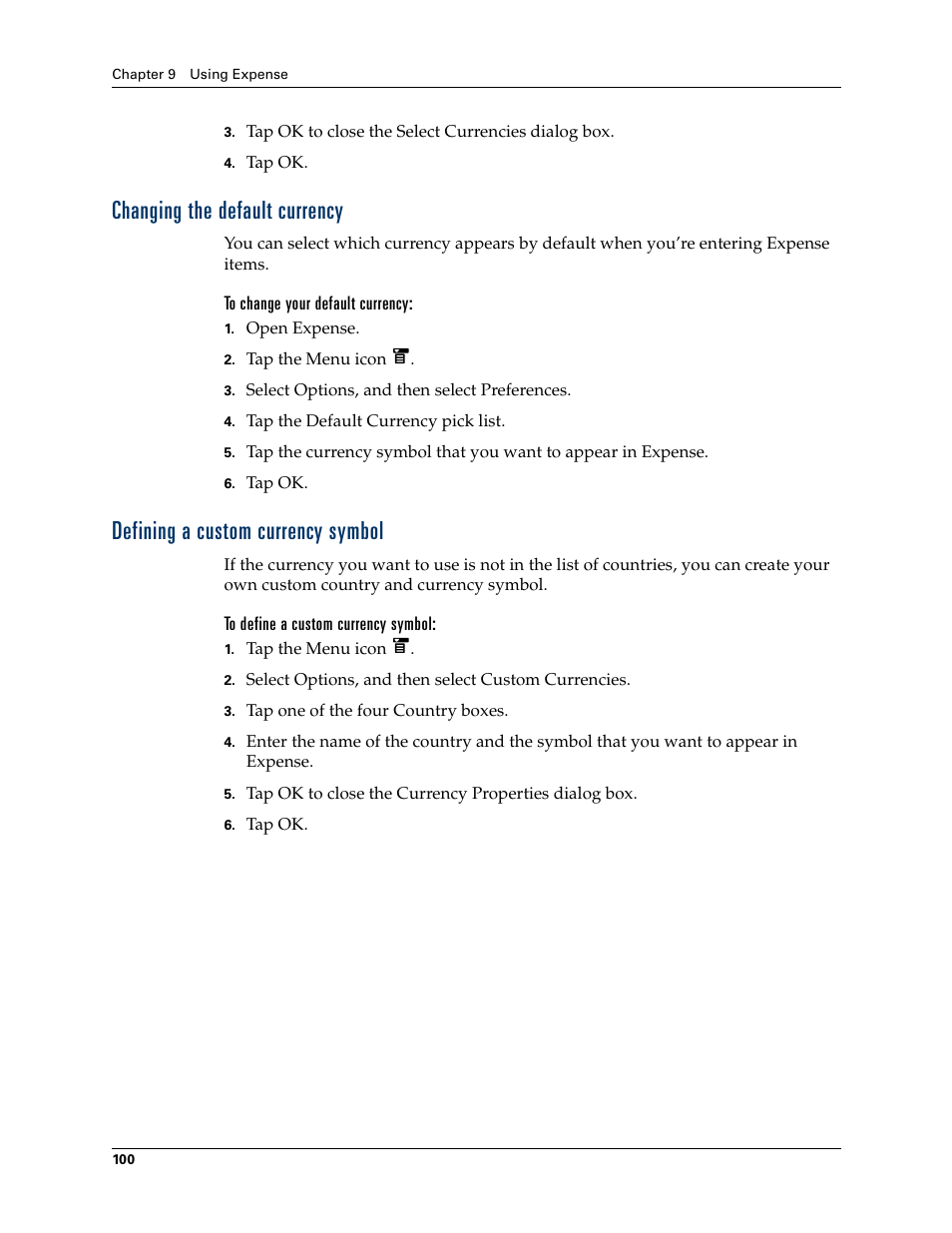 Changing the default currency, To change your default currency, Defining a custom currency symbol | To define a custom currency symbol | Palm T3 User Manual | Page 114 / 408