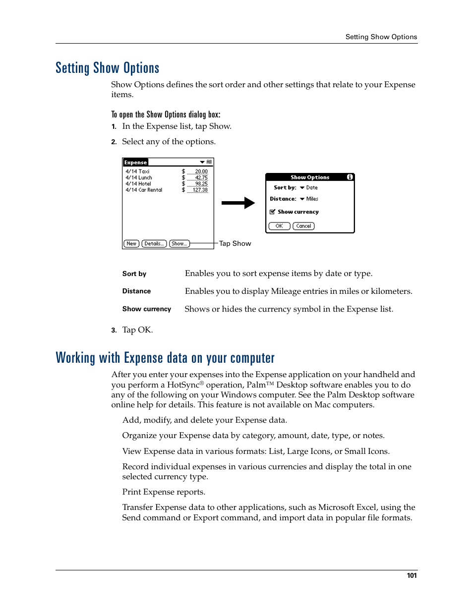 Setting show options, To open the show options dialog box, Working with expense data on your computer | Palm T3 User Manual | Page 115 / 408