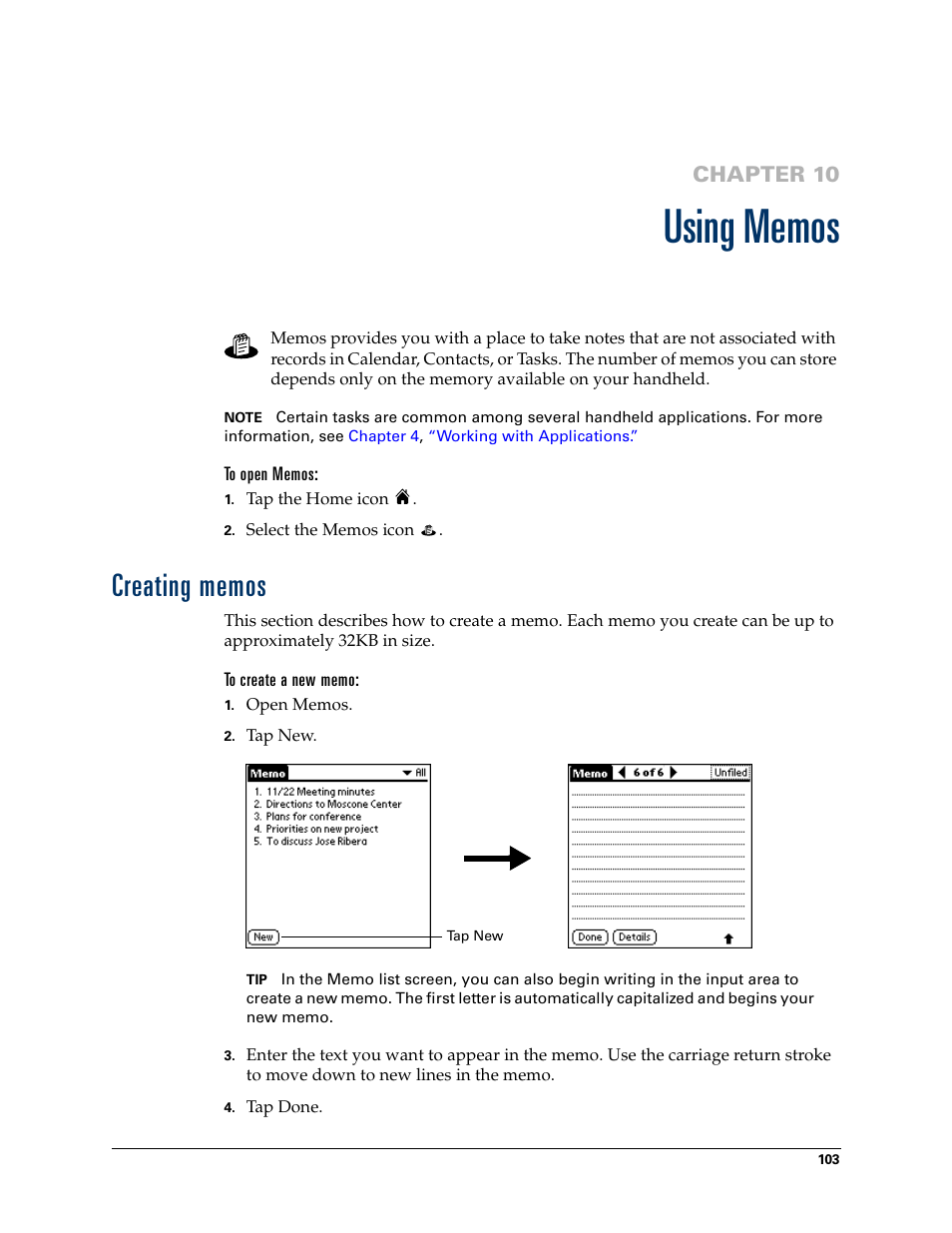 Using memos, To open memos, Creating memos | To create a new memo, Chapter 10: using memos, Chapter 10 | Palm T3 User Manual | Page 117 / 408