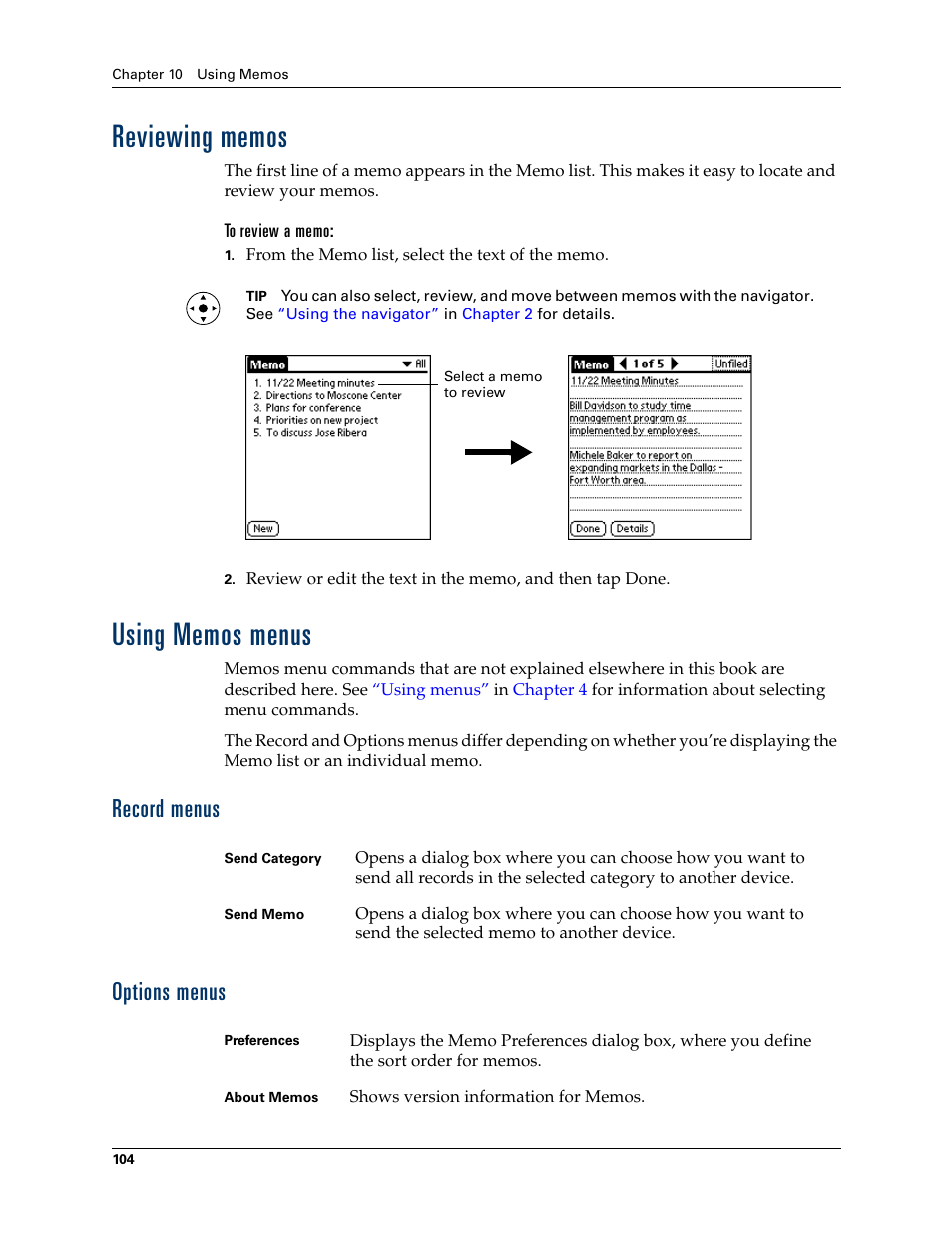 Reviewing memos, To review a memo, Using memos menus | Record menus, Options menus, Reviewing memos using memos menus, Record menus options menus | Palm T3 User Manual | Page 118 / 408