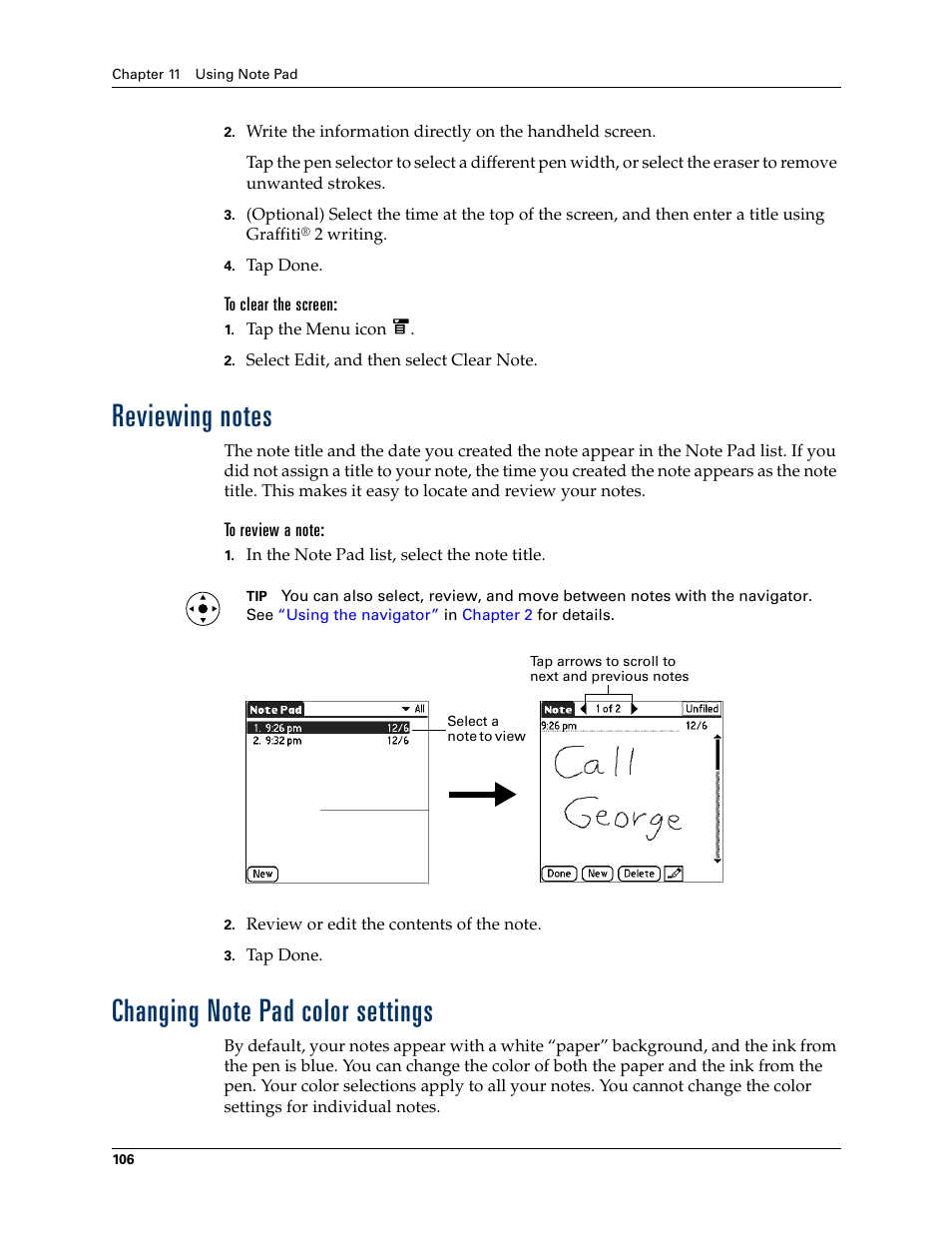 To clear the screen, Reviewing notes, To review a note | Changing note pad color settings, Reviewing notes changing note pad color settings | Palm T3 User Manual | Page 120 / 408