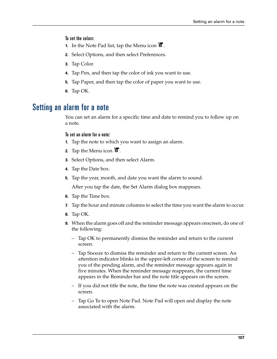 To set the colors, Setting an alarm for a note, To set an alarm for a note | Palm T3 User Manual | Page 121 / 408