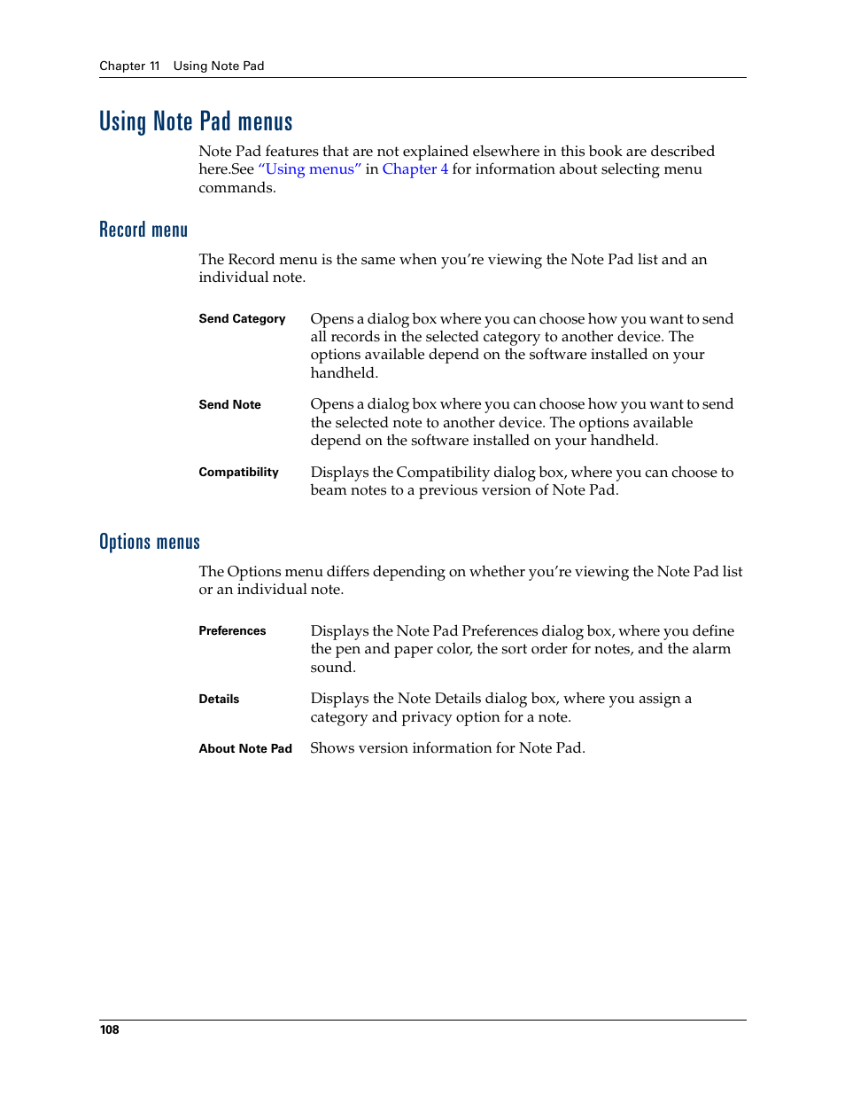 Using note pad menus, Record menu, Options menus | Record menu options menus | Palm T3 User Manual | Page 122 / 408