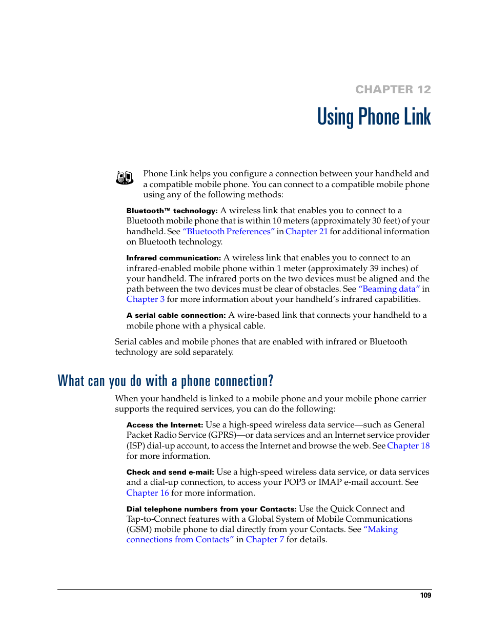 Using phone link, What can you do with a phone connection, Chapter 12 | For addi | Palm T3 User Manual | Page 123 / 408