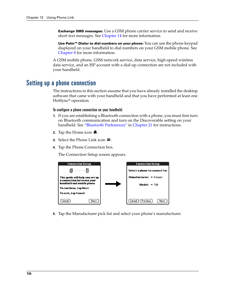 Setting up a phone connection, To configure a phone connection on your handheld, Le phone, see | Setting up a phone, Connection, Chapter 12 | Palm T3 User Manual | Page 124 / 408