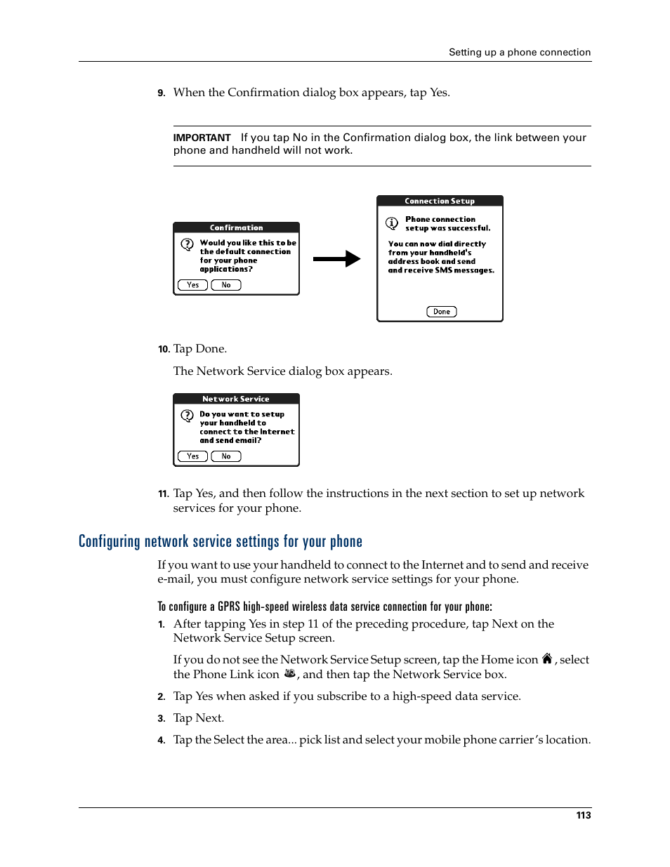 Updating the phone files on your handheld, Configuring network service, Settings for your phone | Palm T3 User Manual | Page 127 / 408