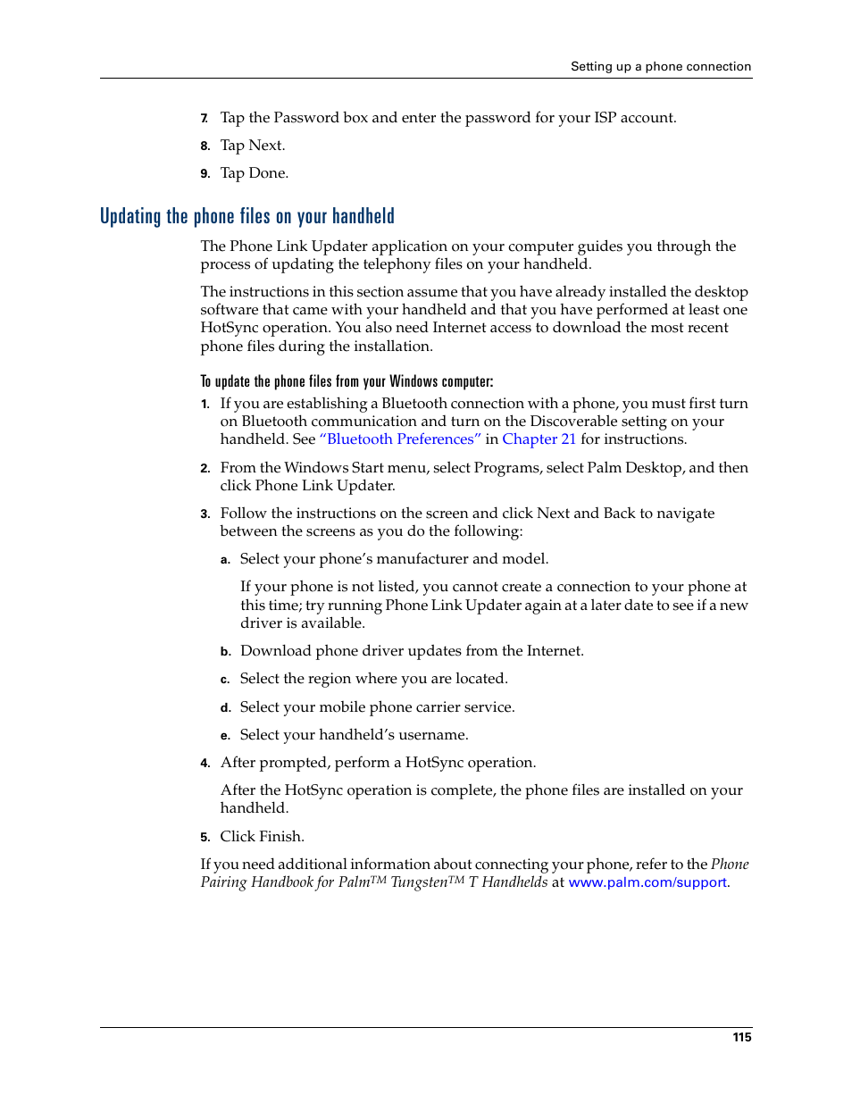 Updating the phone files on your handheld, Using phone connections, Updating the phone files on your | Handheld, Updating, The phone files on your handheld, Late | Palm T3 User Manual | Page 129 / 408