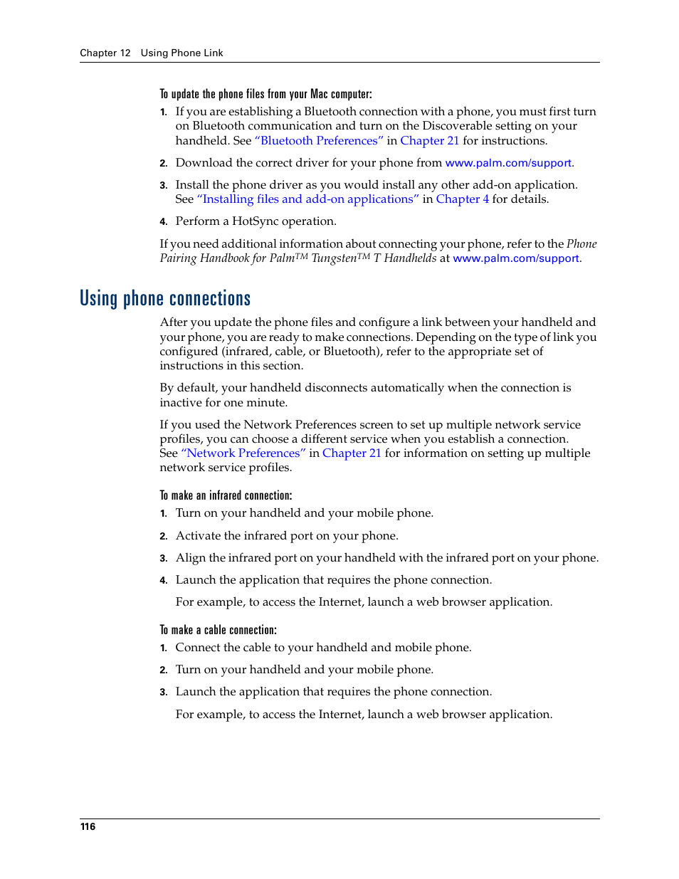 To update the phone files from your mac computer, Using phone connections, To make an infrared connection | To make a cable connection | Palm T3 User Manual | Page 130 / 408