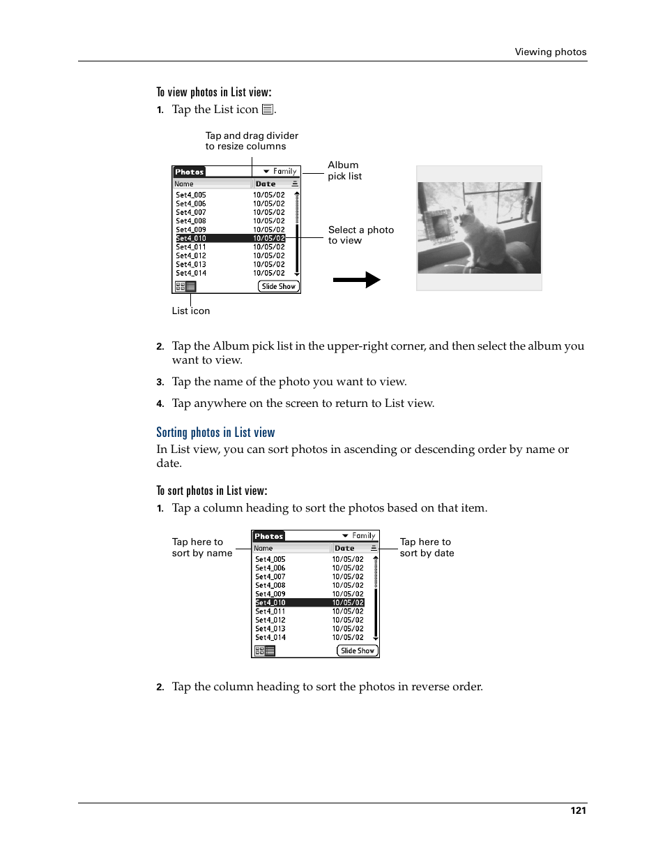 To view photos in list view, Sorting photos in list view, To sort photos in list view | Palm T3 User Manual | Page 135 / 408