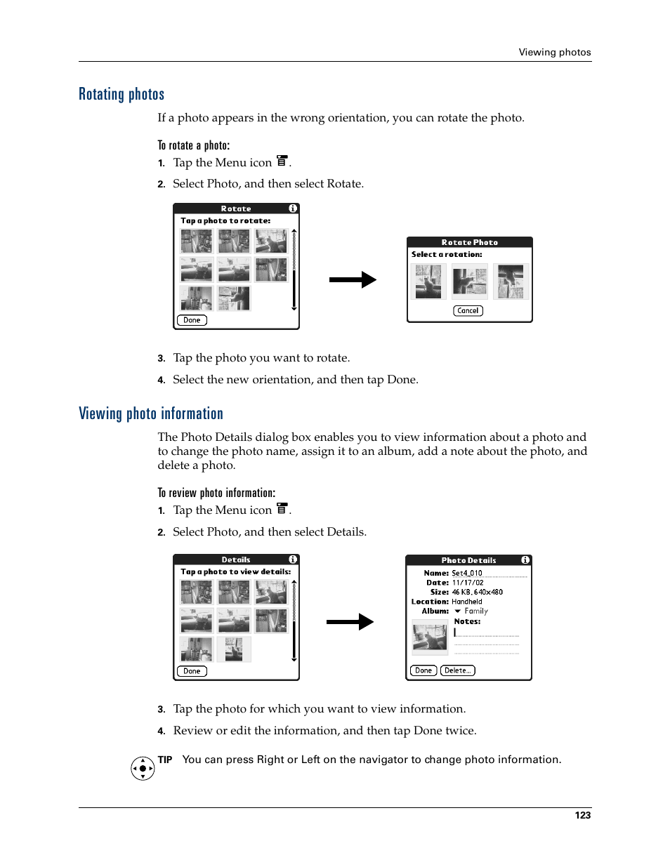 Rotating photos, To rotate a photo, Viewing photo information | To review photo information, Creating an album | Palm T3 User Manual | Page 137 / 408