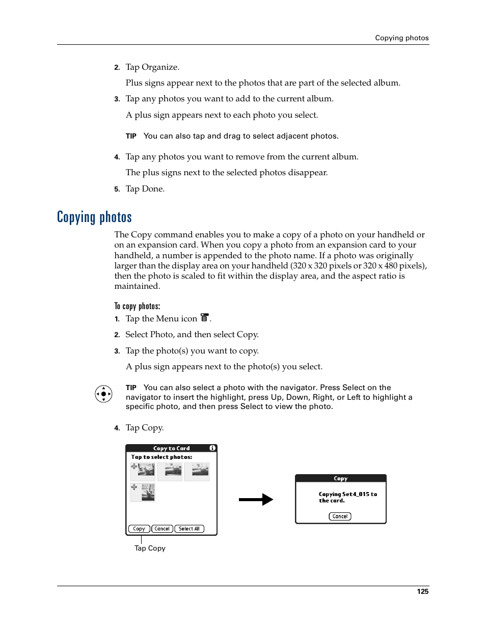 Copying photos, To copy photos, Renaming or deleting an album | Palm T3 User Manual | Page 139 / 408