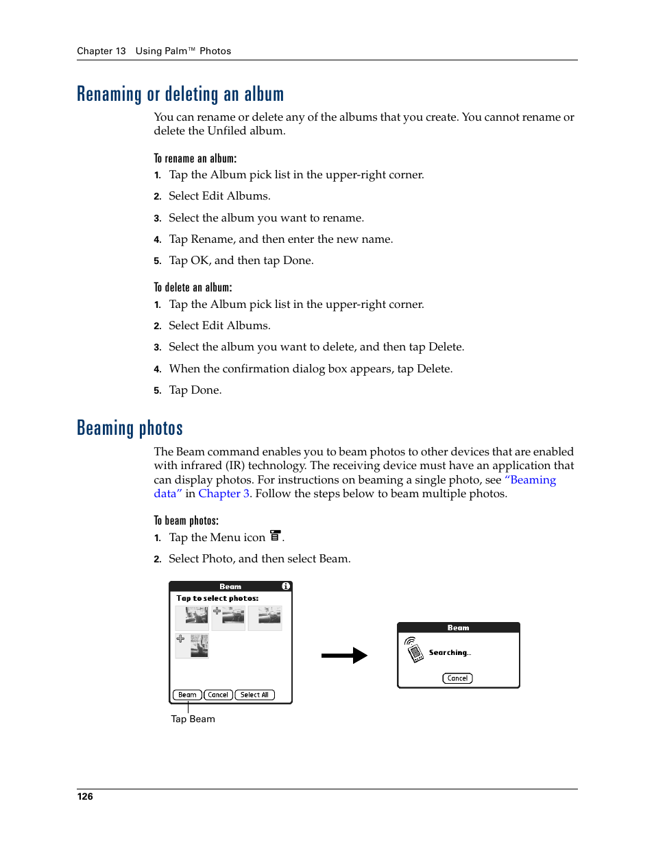 Renaming or deleting an album, To rename an album, To delete an album | Beaming photos, To beam photos, Beaming photos deleting photos | Palm T3 User Manual | Page 140 / 408