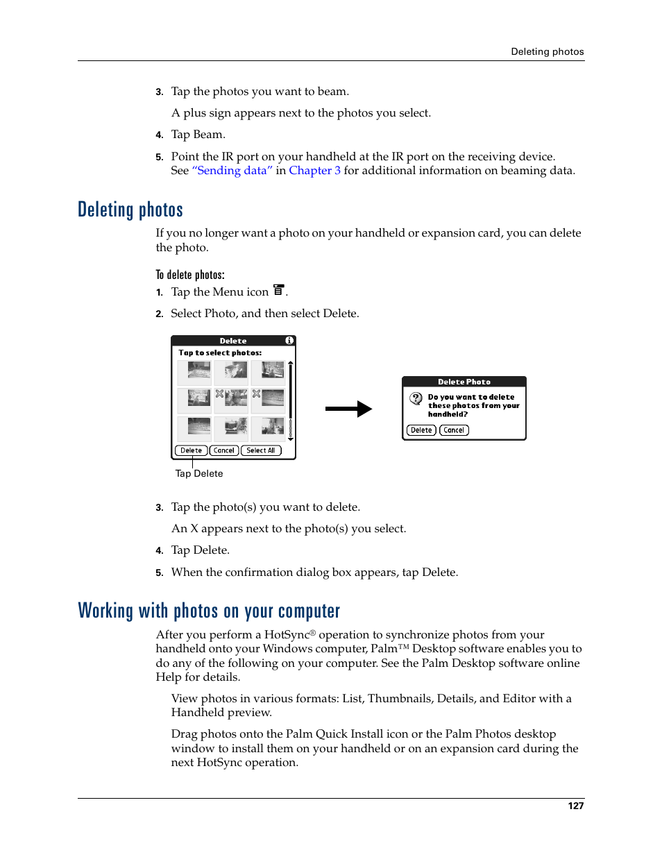 Deleting photos, To delete photos, Working with photos on your computer | Palm T3 User Manual | Page 141 / 408