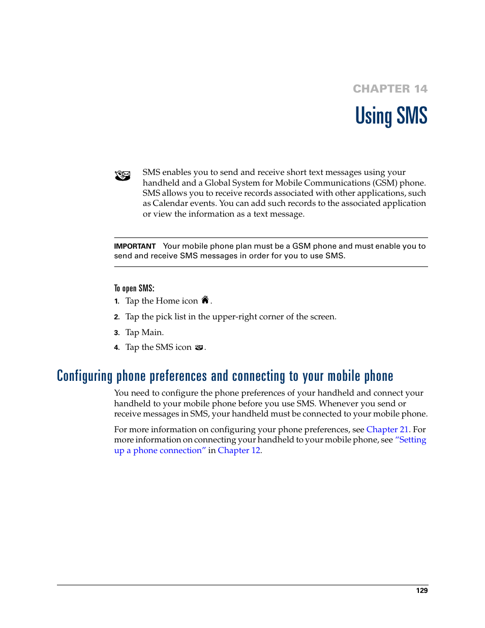 Using sms, To open sms, Chapter 14 | For m | Palm T3 User Manual | Page 143 / 408