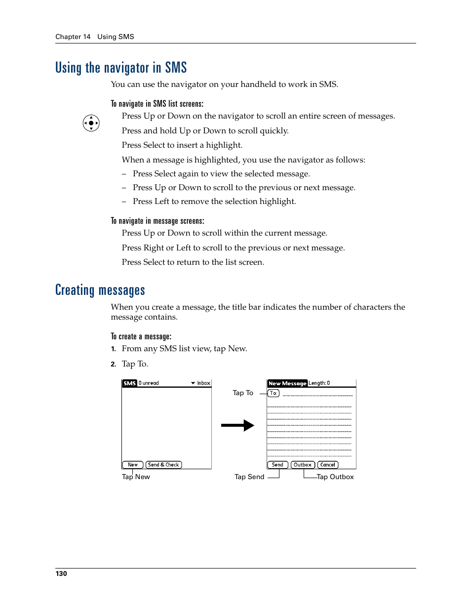 Using the navigator in sms, To navigate in sms list screens, To navigate in message screens | Creating messages, To create a message, Creating messages sending and receiving messages, Chapter 14 | Palm T3 User Manual | Page 144 / 408