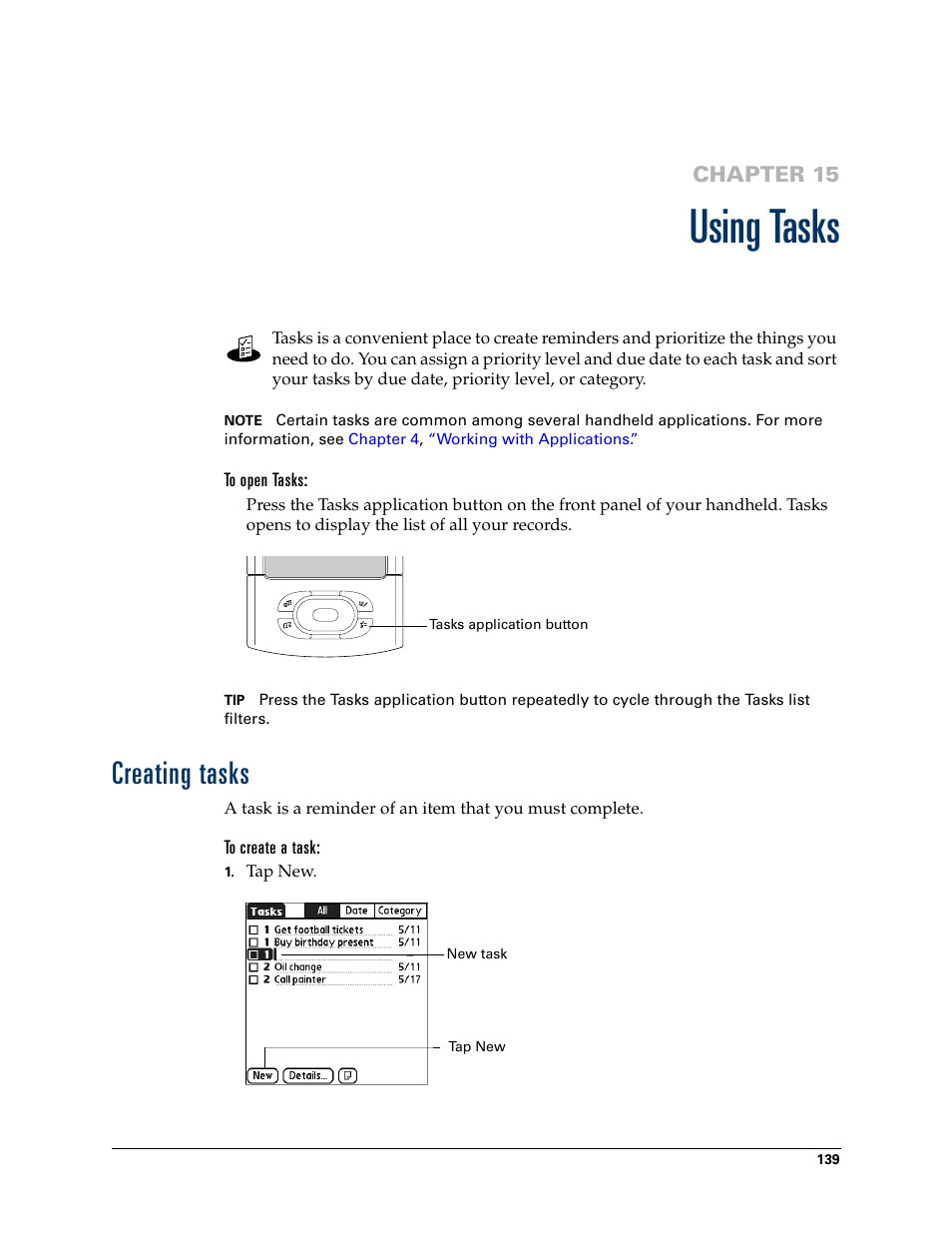 Using tasks, To open tasks, Creating tasks | To create a task, Chapter 15: using tasks, Chapter 15 | Palm T3 User Manual | Page 153 / 408