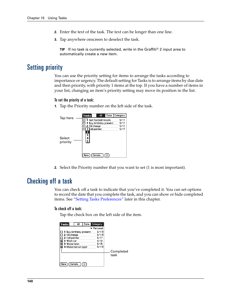 Setting priority, To set the priority of a task, Checking off a task | To check off a task, Setting priority checking off a task | Palm T3 User Manual | Page 154 / 408