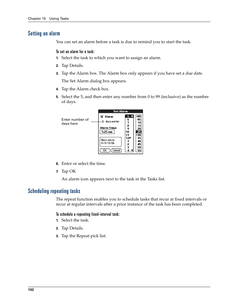 Setting an alarm, To set an alarm for a task, Scheduling repeating tasks | To schedule a repeating fixed-interval task, Setting an alarm scheduling repeating tasks | Palm T3 User Manual | Page 156 / 408