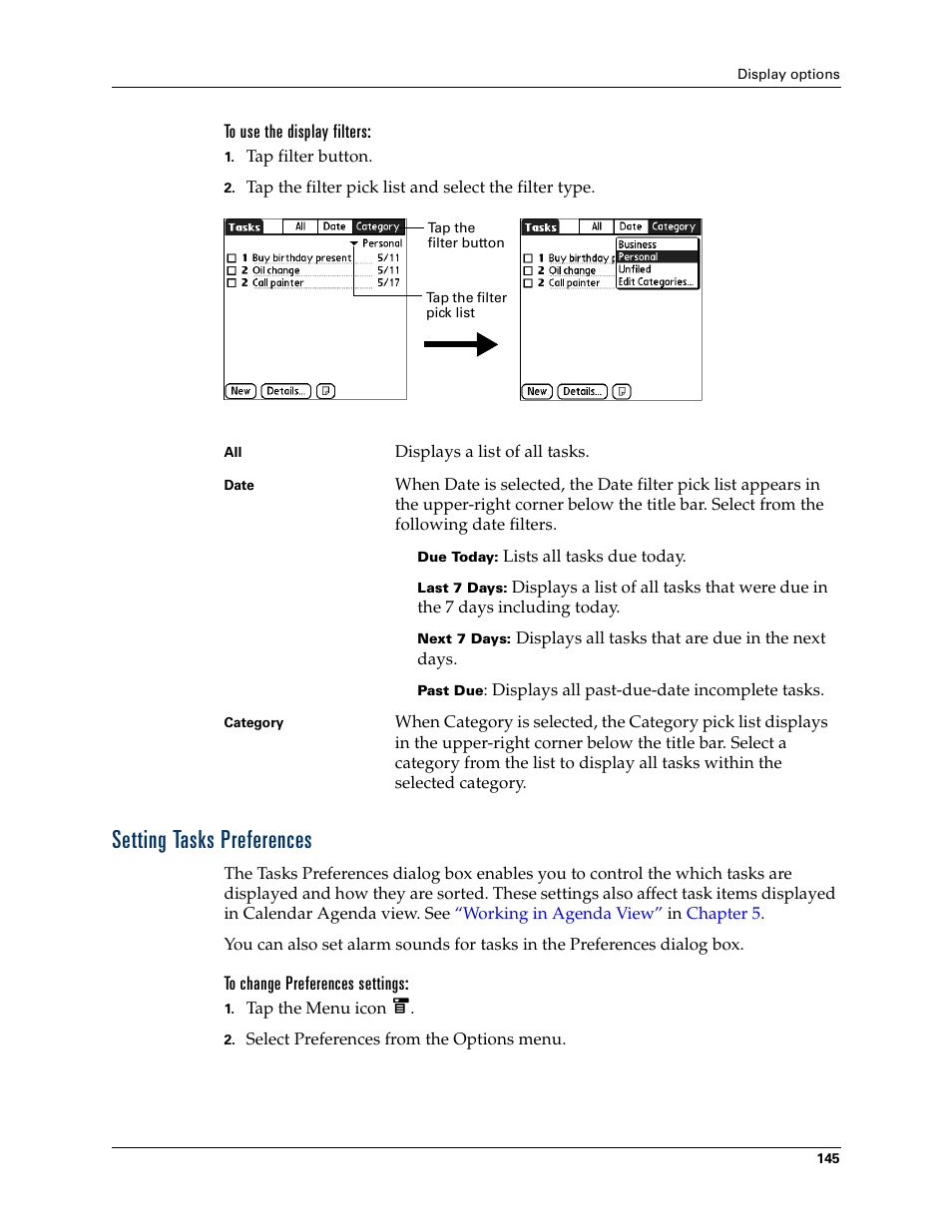 To use the display filters, Setting tasks preferences, To change preferences settings | Palm T3 User Manual | Page 159 / 408