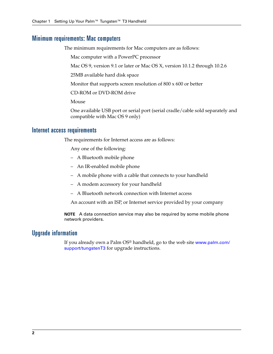 Minimum requirements: mac computers, Internet access requirements, Upgrade information | Palm T3 User Manual | Page 16 / 408