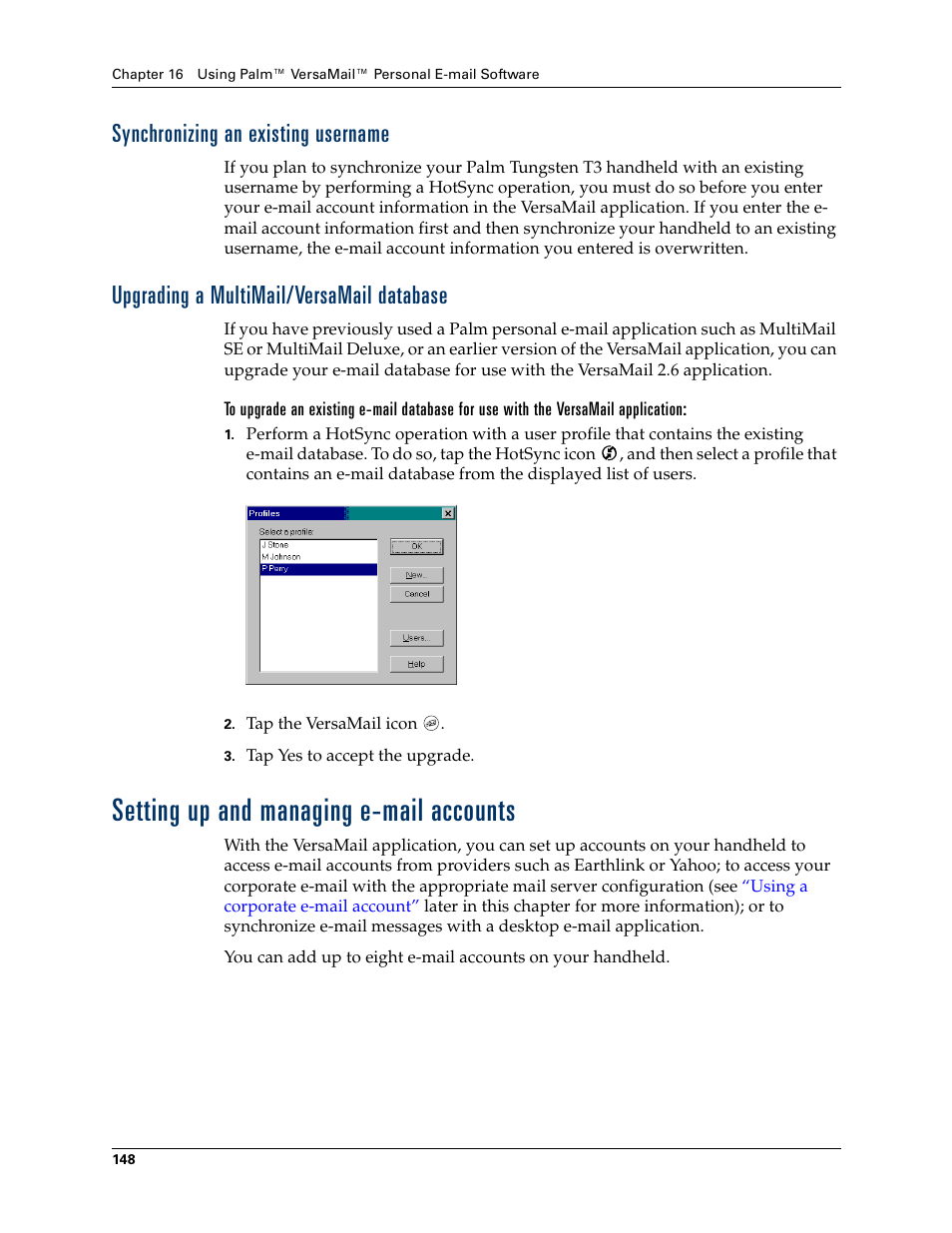 Synchronizing an existing username, Upgrading a multimail/versamail database, Setting up and managing email accounts | Setting up and managing e-mail accounts | Palm T3 User Manual | Page 162 / 408