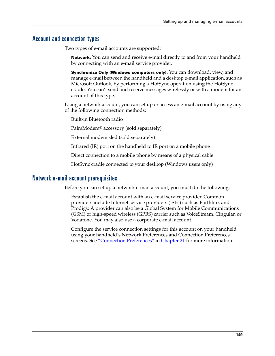 Account and connection types, Network e-mail account prerequisites | Palm T3 User Manual | Page 163 / 408