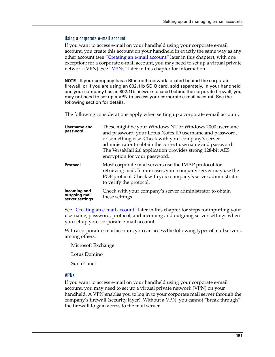 Using a corporate e-mail account, Vpns | Palm T3 User Manual | Page 165 / 408