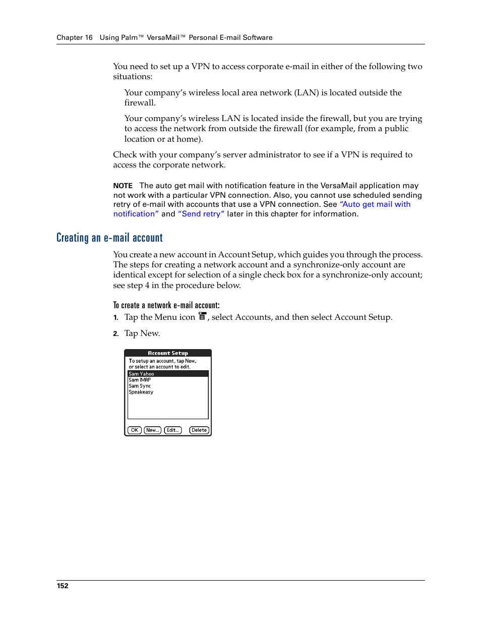 Creating an e-mail account, To create a network e-mail account | Palm T3 User Manual | Page 166 / 408