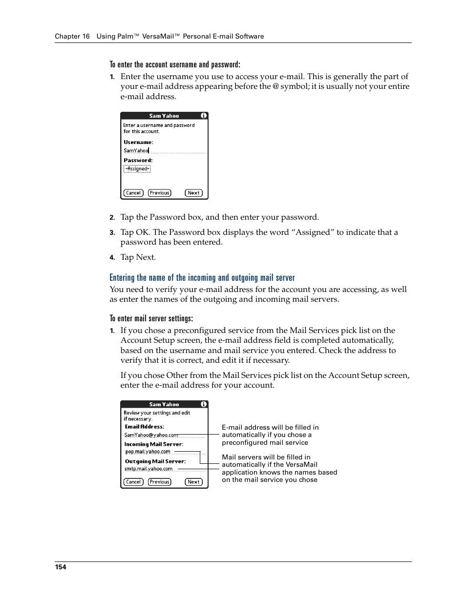 To enter the account username and password, To enter mail server settings | Palm T3 User Manual | Page 168 / 408