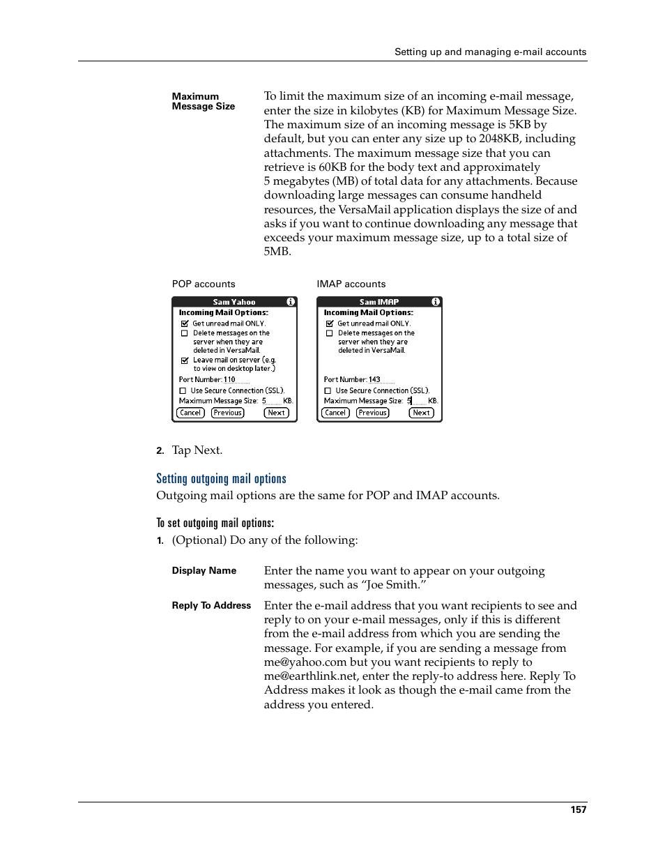 Setting outgoing mail options, To set outgoing mail options | Palm T3 User Manual | Page 171 / 408