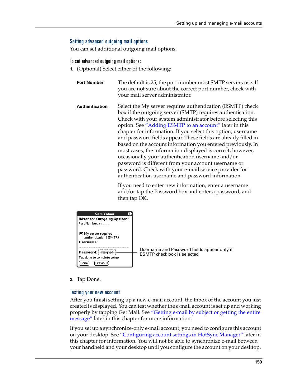 Setting advanced outgoing mail options, To set advanced outgoing mail options, Testing your new account | Palm T3 User Manual | Page 173 / 408