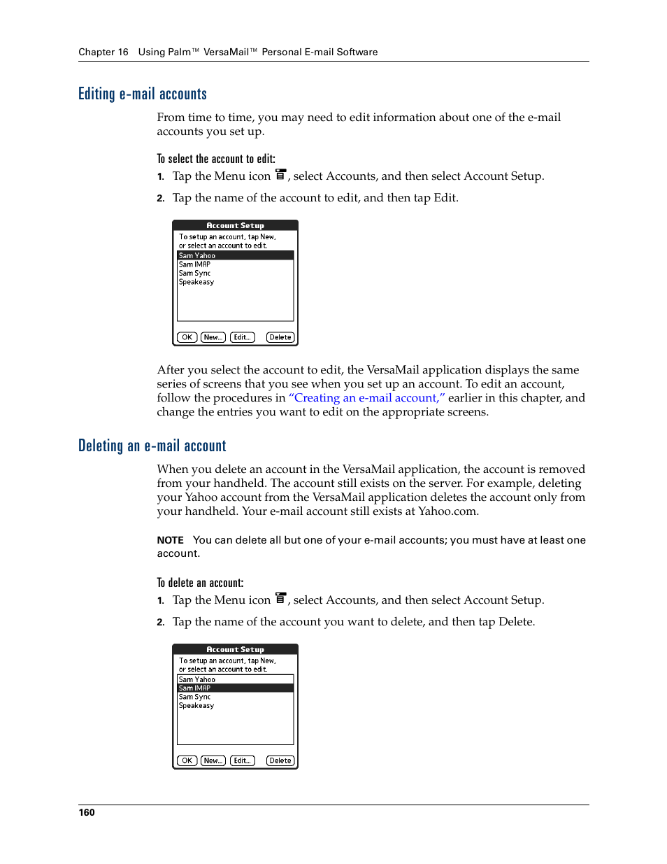 Editing e-mail accounts, To select the account to edit, Deleting an e-mail account | To delete an account, Editing e-mail accounts deleting an e-mail account | Palm T3 User Manual | Page 174 / 408