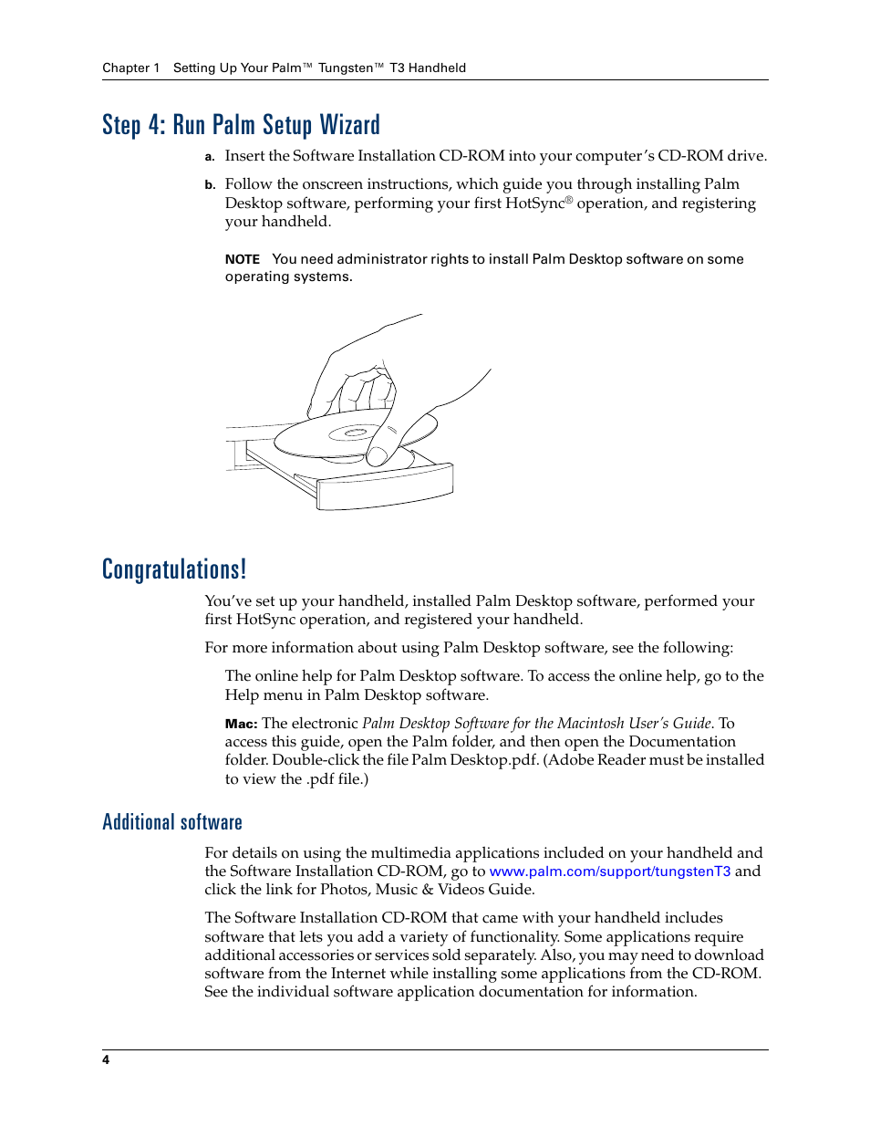 Step 4: run palm setup wizard, Congratulations, Additional software | Step 4: run palm setup wizard congratulations | Palm T3 User Manual | Page 18 / 408