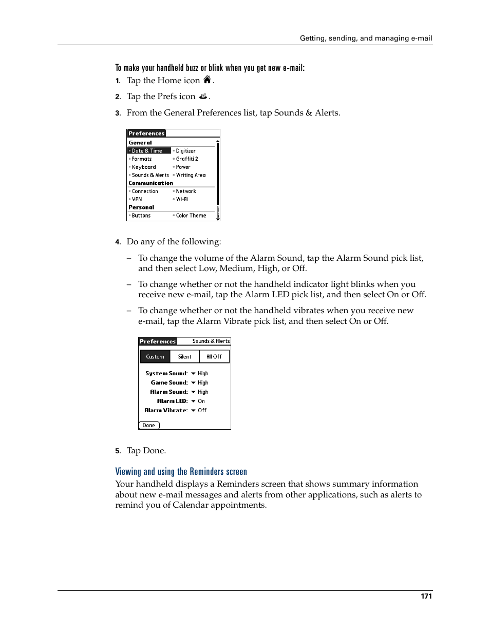 Viewing and using the reminders screen, Viewing and, Using the reminders screen | Palm T3 User Manual | Page 185 / 408