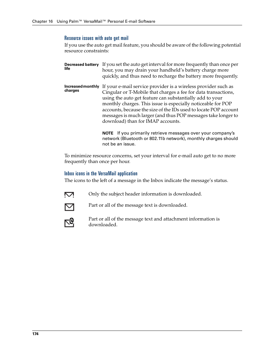 Resource issues with auto get mail, Inbox icons in the versamail application | Palm T3 User Manual | Page 188 / 408