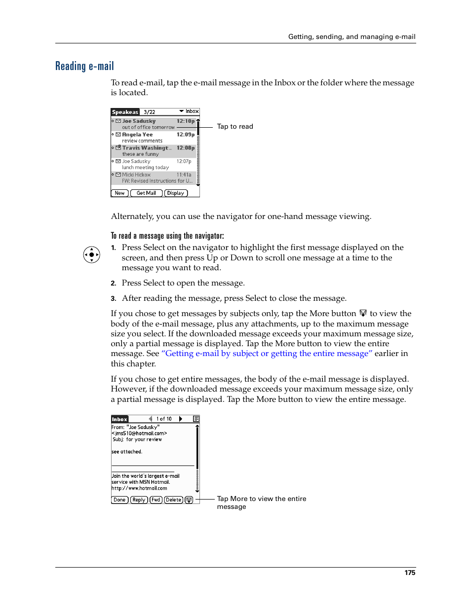 Reading e-mail, To read a message using the navigator | Palm T3 User Manual | Page 189 / 408