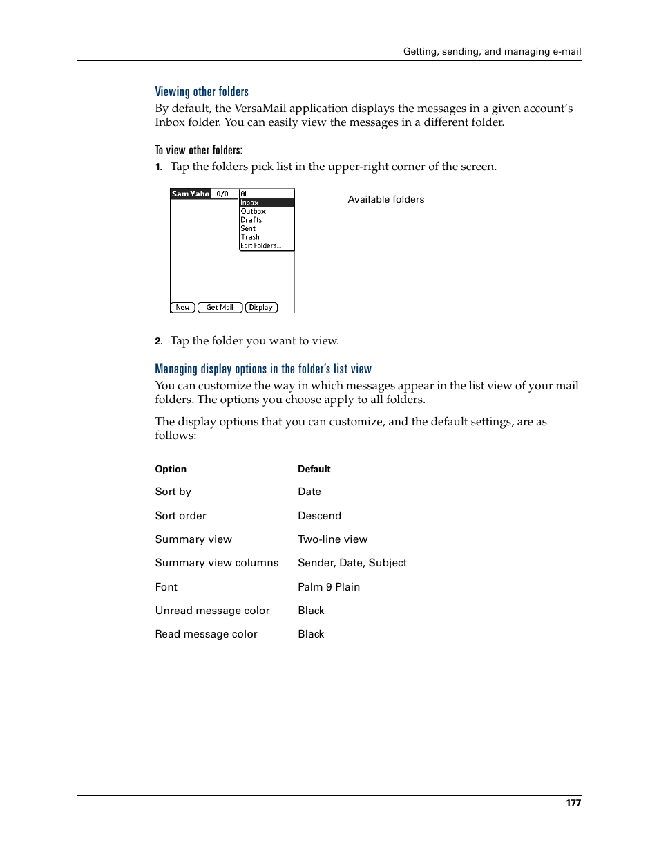 Viewing other folders, To view other folders, Managing display options in the folder’s list view | Palm T3 User Manual | Page 191 / 408