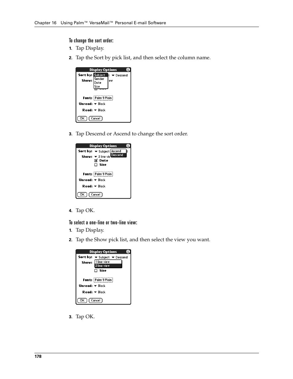 To change the sort order, To select a one-line or two-line view | Palm T3 User Manual | Page 192 / 408