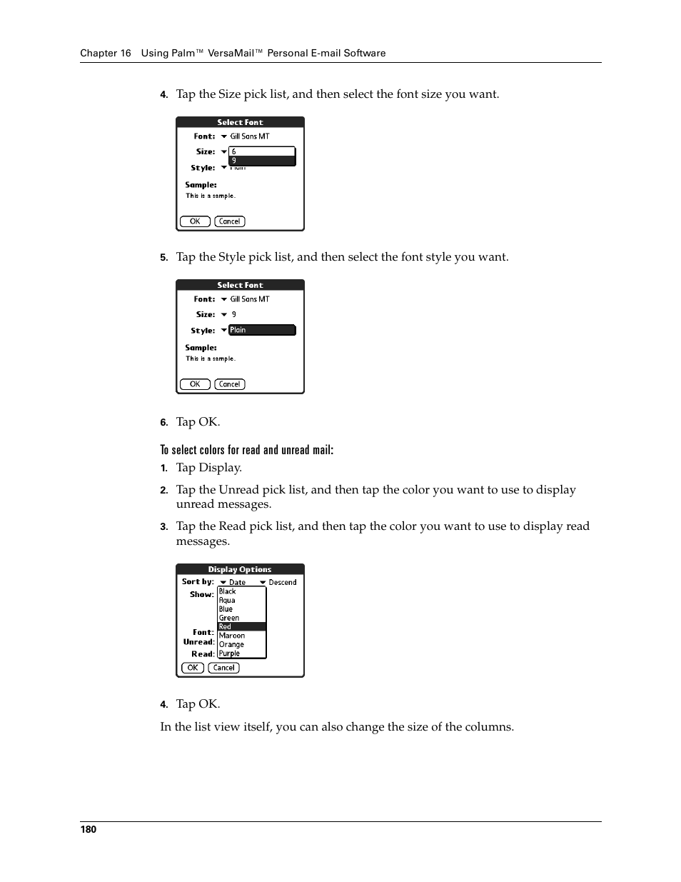 To select colors for read and unread mail | Palm T3 User Manual | Page 194 / 408