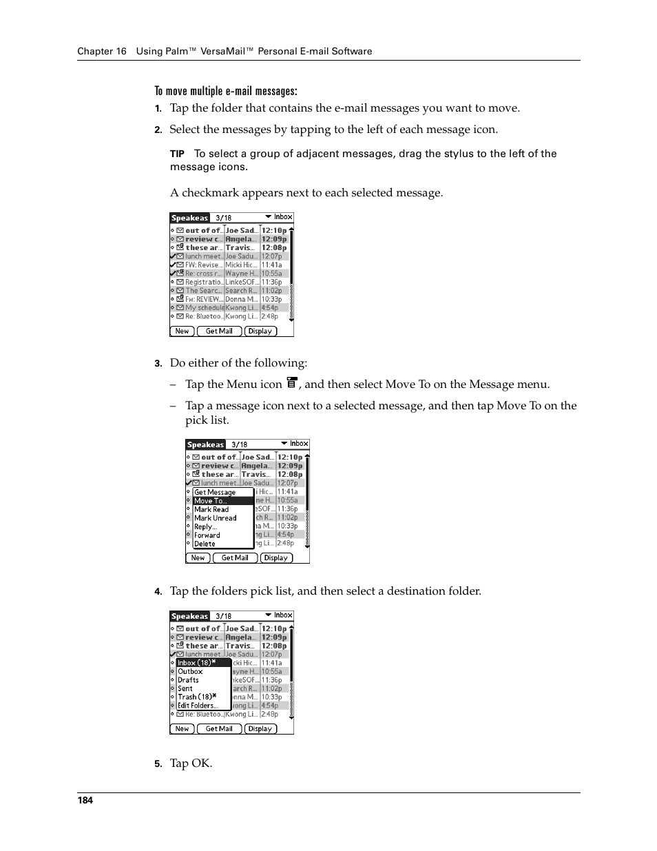 To move multiple e-mail messages | Palm T3 User Manual | Page 198 / 408