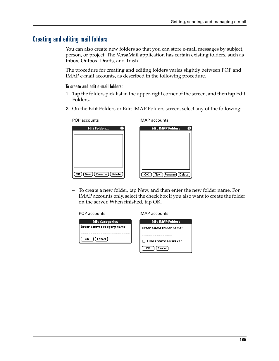 Creating and editing mail folders, To create and edit e-mail folders | Palm T3 User Manual | Page 199 / 408